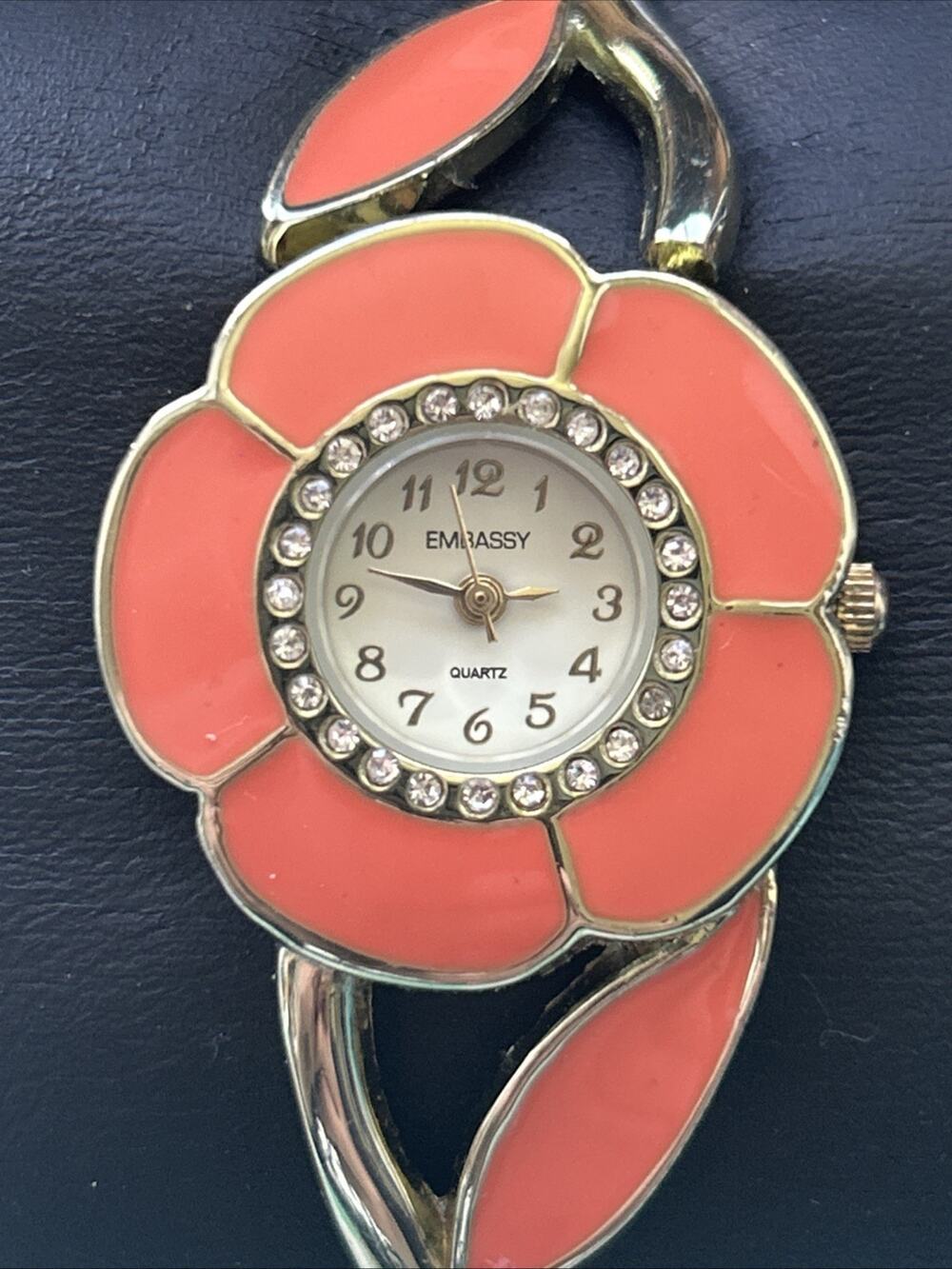 Embassy Gold Tone Orange Floral Bezel Womens Cuff Watch